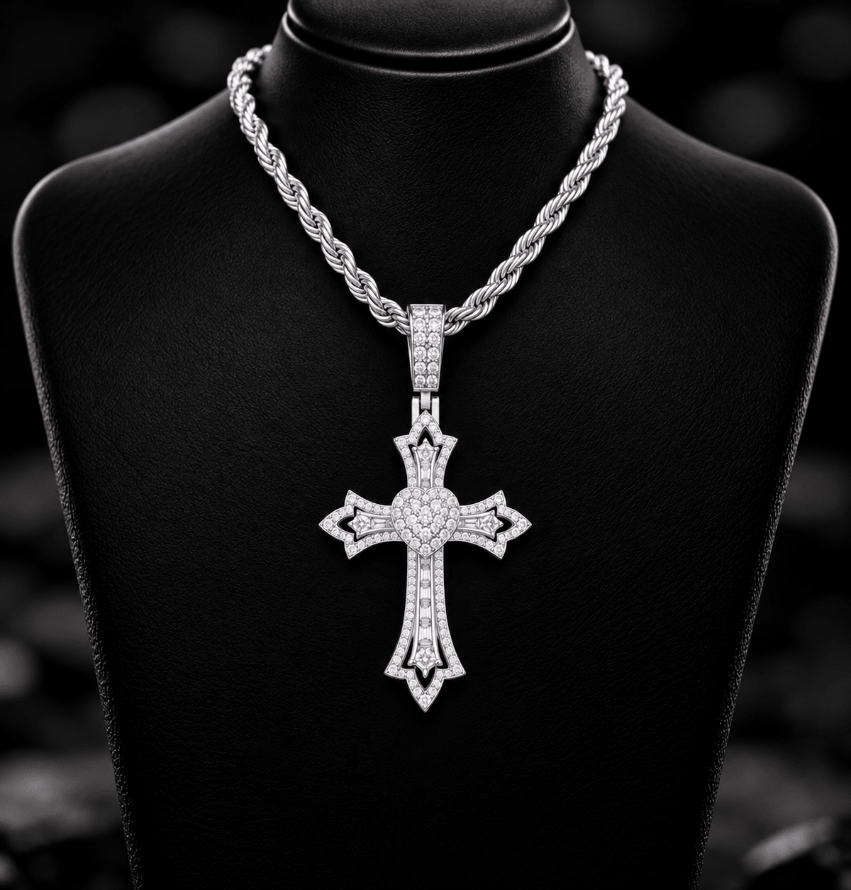 Iced Out Gothic Heart Cross Pendant – VVS Moissanite, 3-Layer Design, Gold & White Gold - Virtue JewelWhite Gold