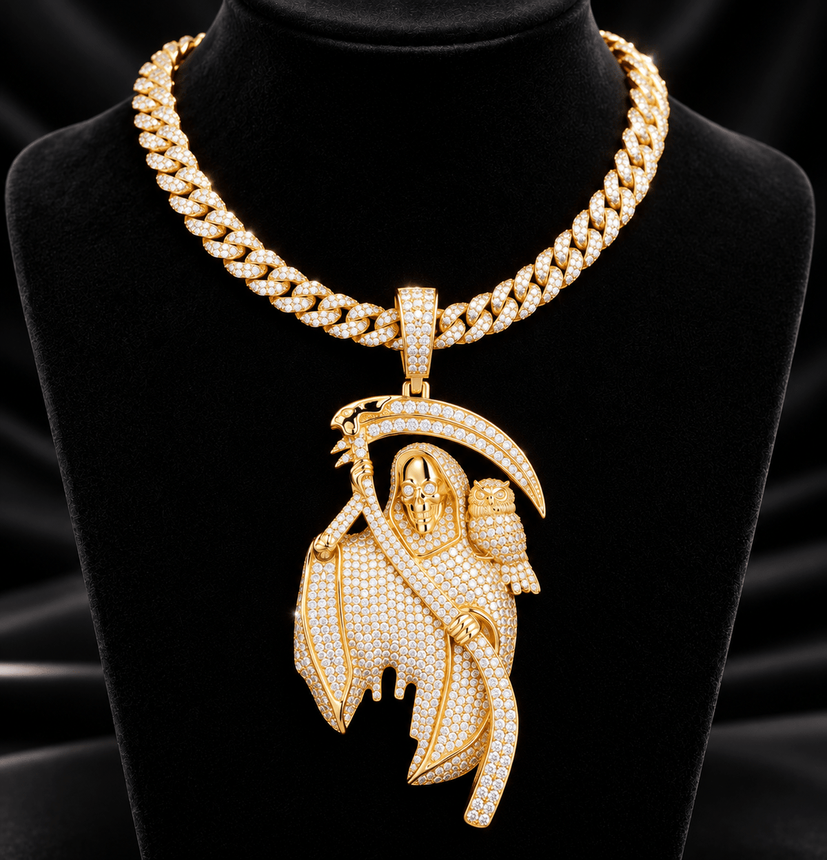 Iced Out Grim Reaper Pendant Necklace – Skull, Scythe & Owl, Full CZ Pavé, Gold White Gold & Rose Gold - Virtue JewelSilver