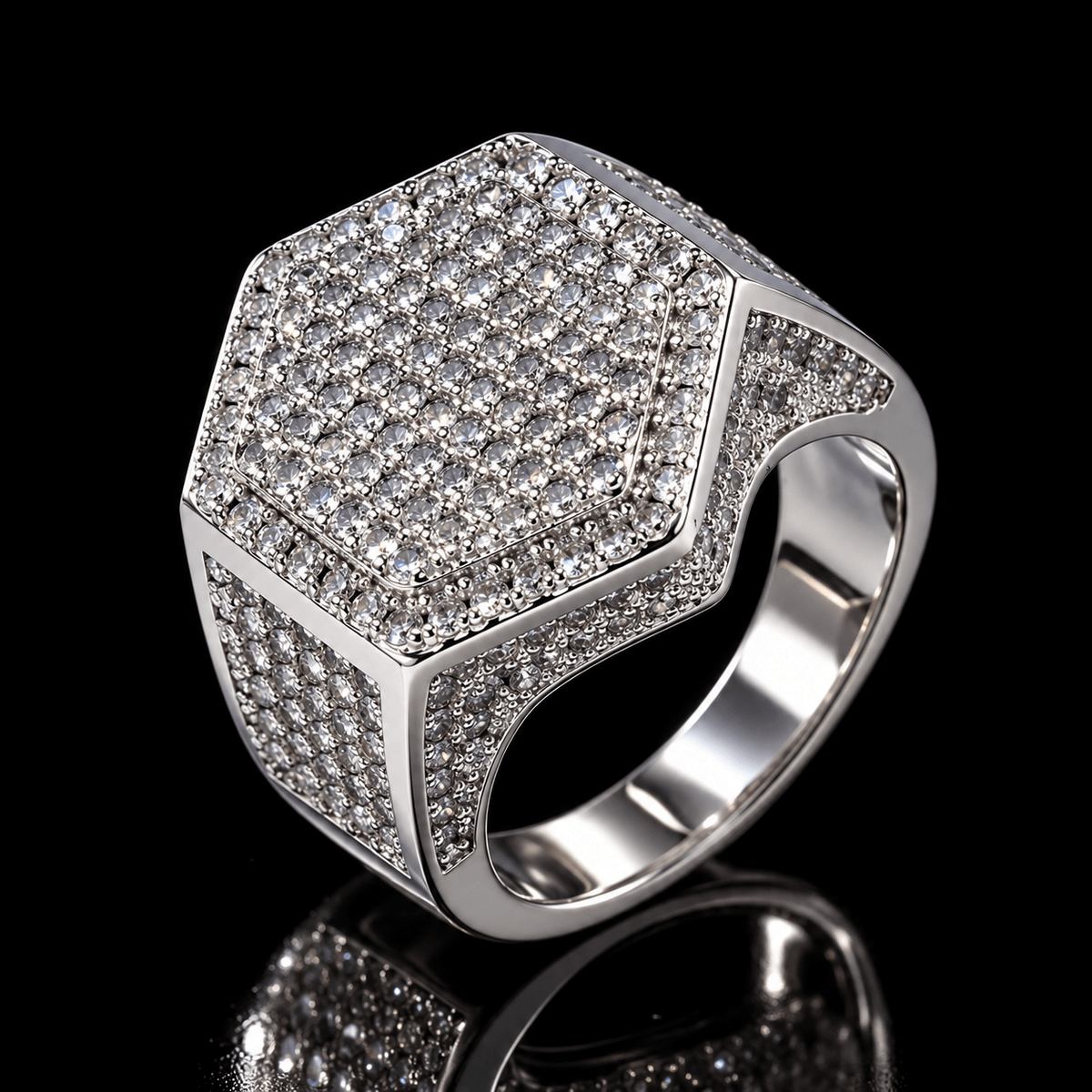 Iced Out Hexagon Signet Ring – Full Pavé CZ, Gold & White Gold - Virtue JewelGold