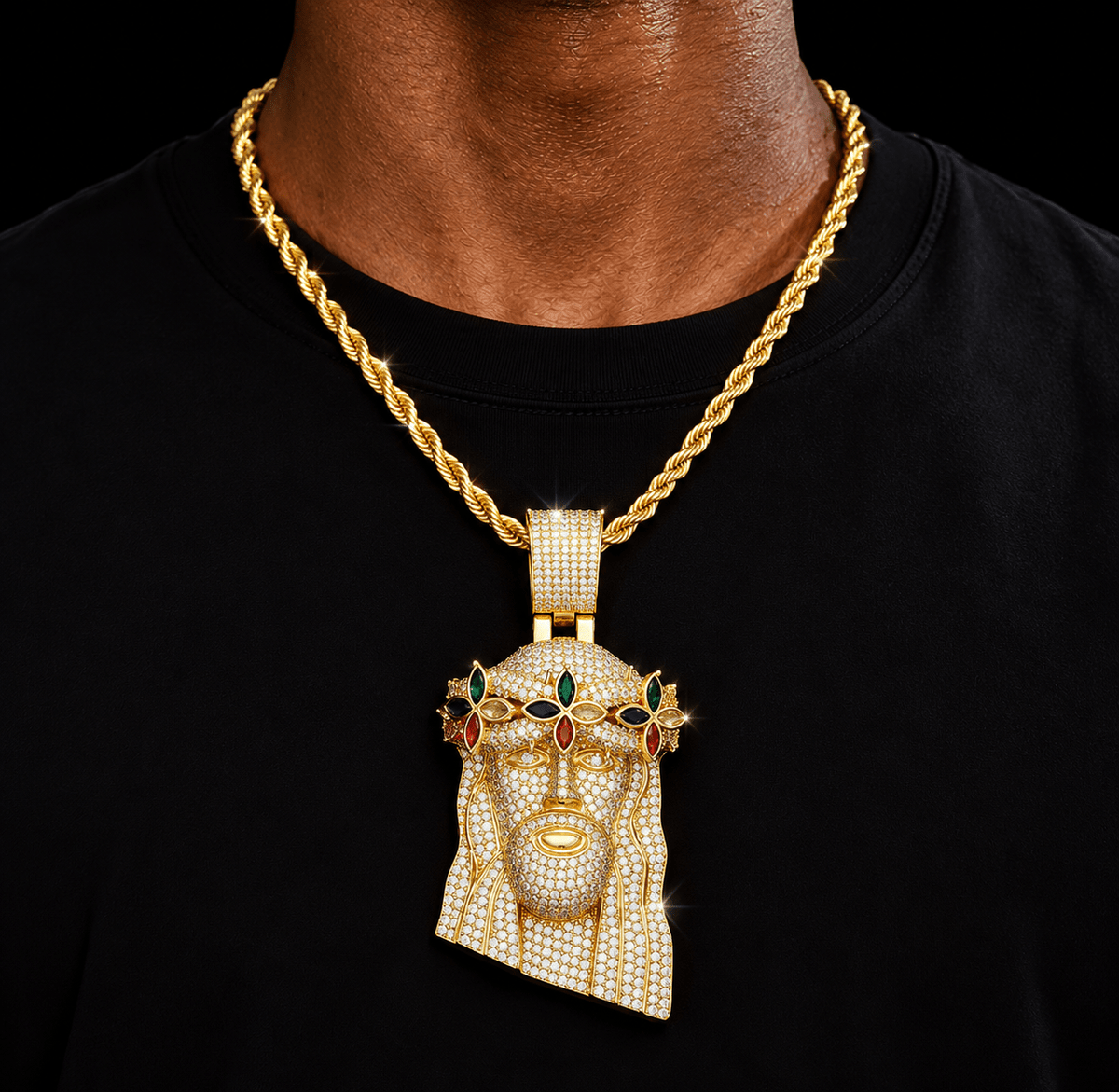 Iced-Out Jesus Head Pendant – Multicolor Crown CZ Necklace - Virtue JewelGold