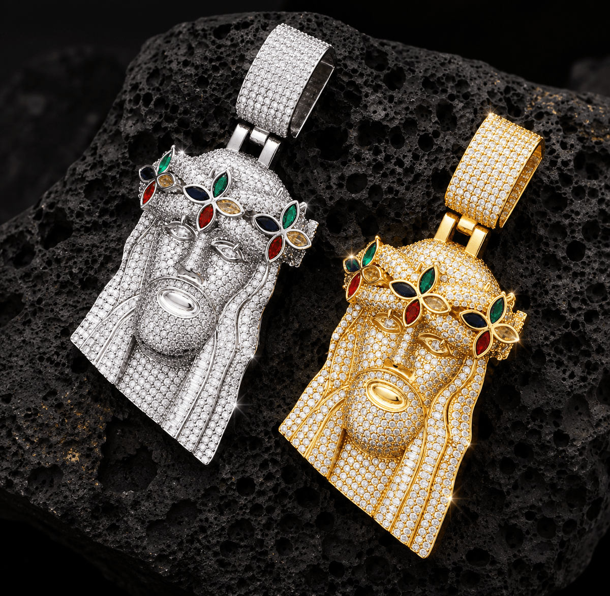 Iced-Out Jesus Head Pendant – Multicolor Crown CZ Necklace - Virtue JewelGold