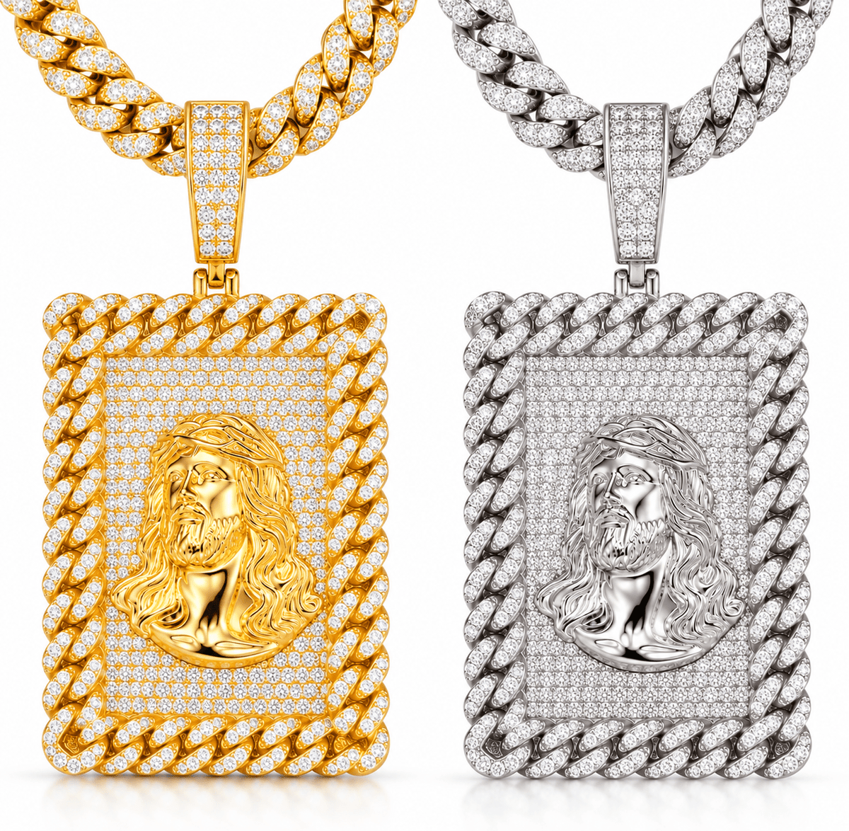 Iced Out Jesus Piece Pendant – Cuban Link Frame, Gold & White Gold - Virtue JewelGold