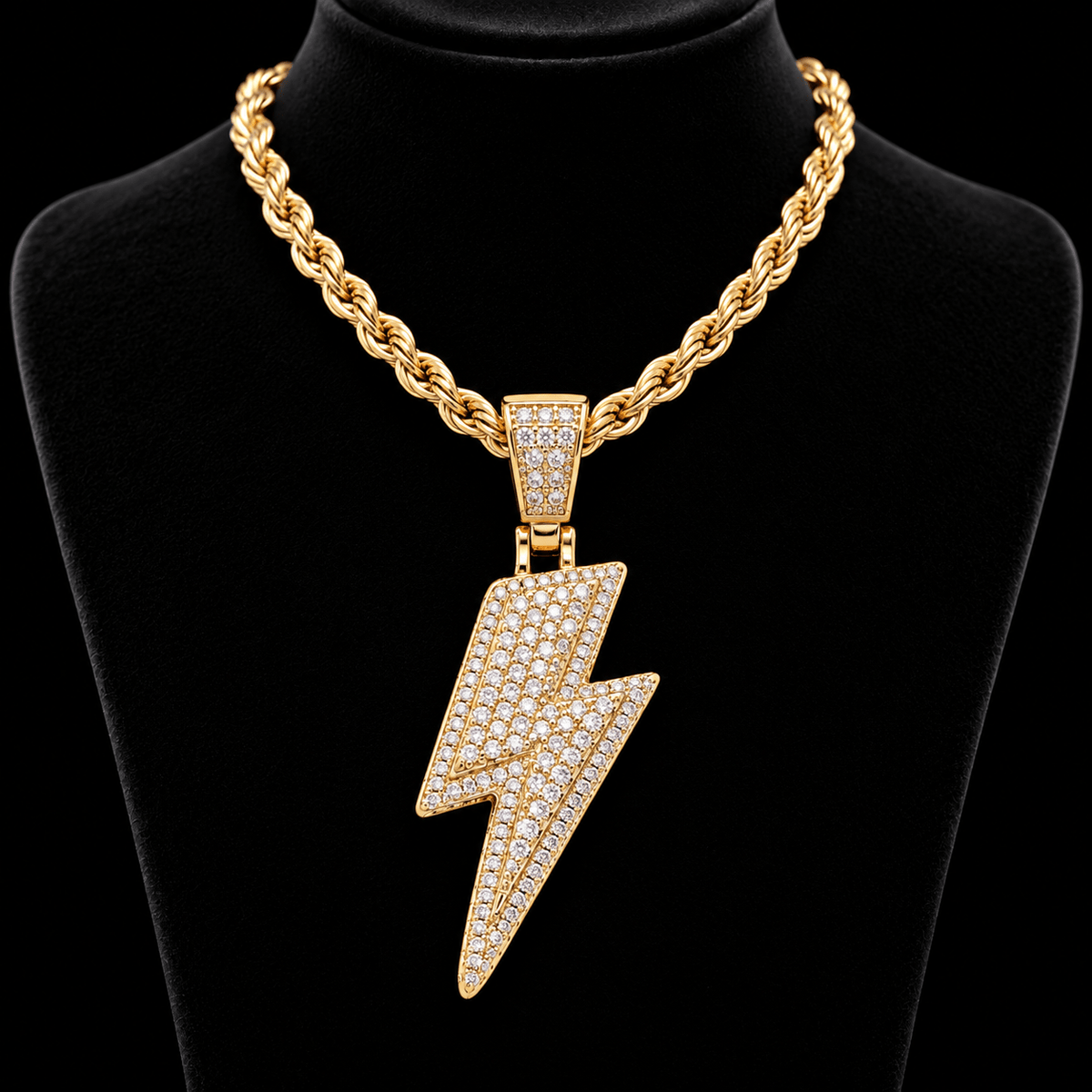 Iced Out Lightning Bolt Pendant Necklace – Full CZ Pavé, Rope Chain Included, Gold Silver & Two Tone - Virtue JewelSilver