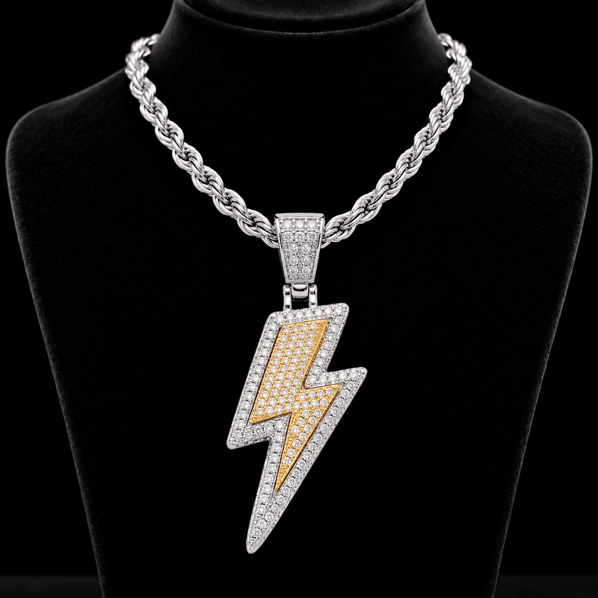 Iced Out Lightning Bolt Pendant Necklace – Full CZ Pavé, Rope Chain Included, Gold Silver & Two Tone - Virtue JewelSilver