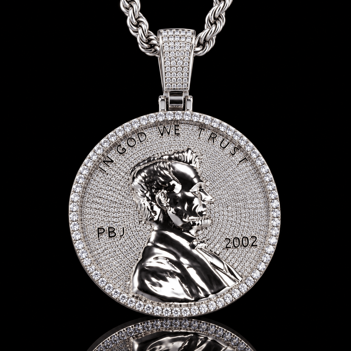 Iced Out Lincoln Penny Medallion Pendant – 5A CZ, with 24" Rope Chain - Virtue JewelSilver