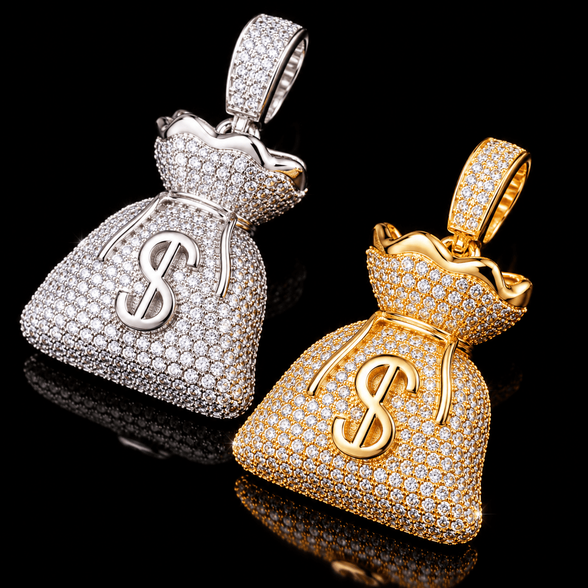 Iced Out Money Bag Pendant – 5A CZ Pavé, 18K Gold, White Gold & Rose Gold - Virtue JewelWhite Gold