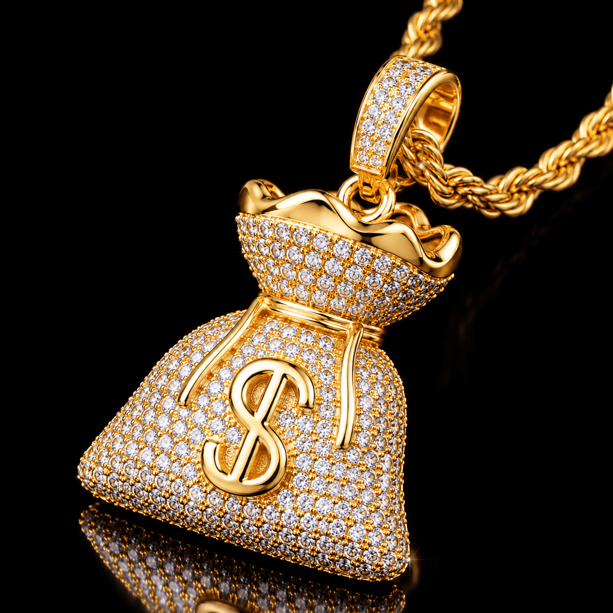 Iced Out Money Bag Pendant – 5A CZ Pavé, 18K Gold, White Gold & Rose Gold - Virtue JewelWhite Gold