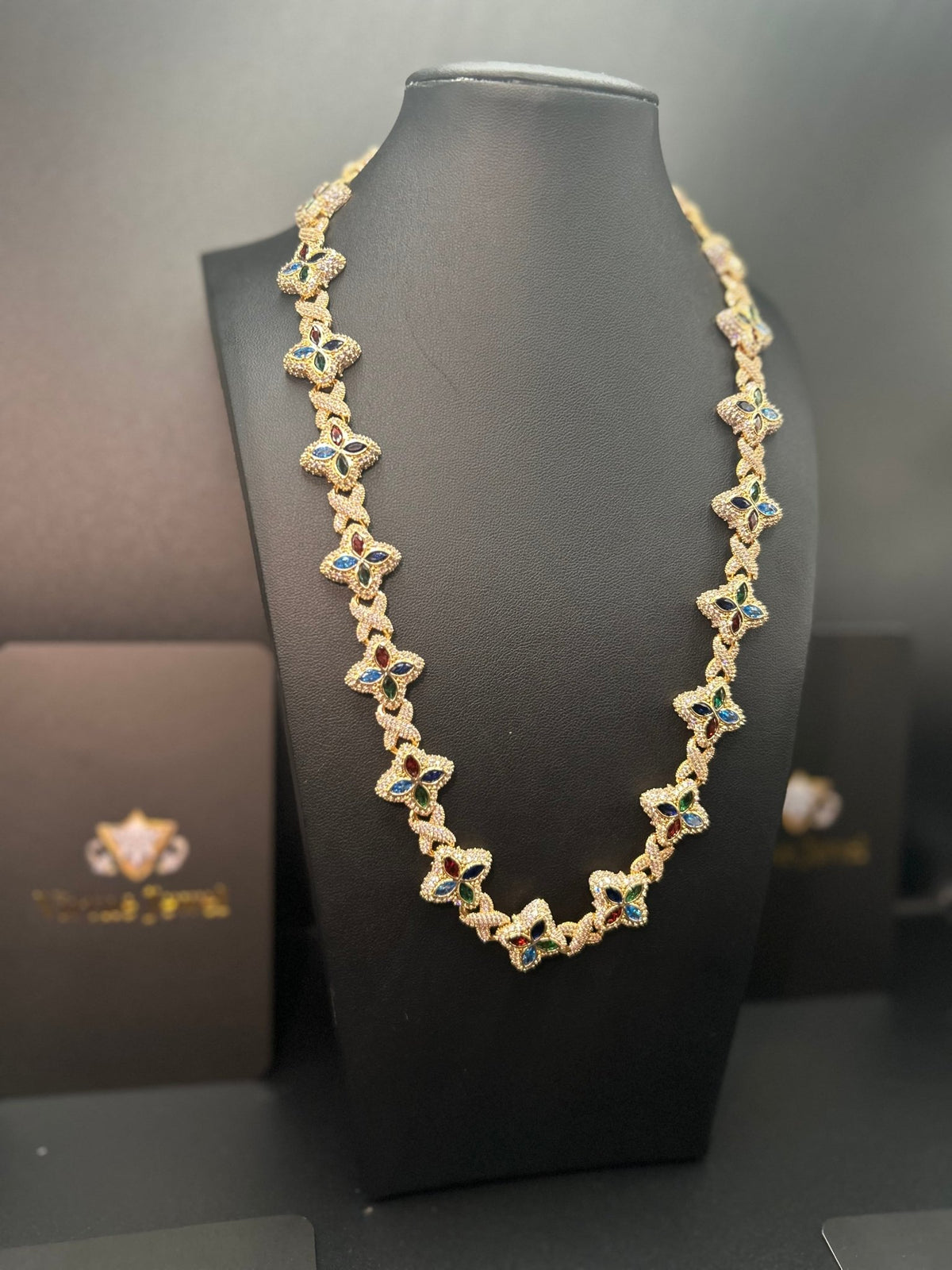 Iced Out Multicolor Clover Link Chain – Gold, Rose Gold & Silver - Virtue JewelGold22inch