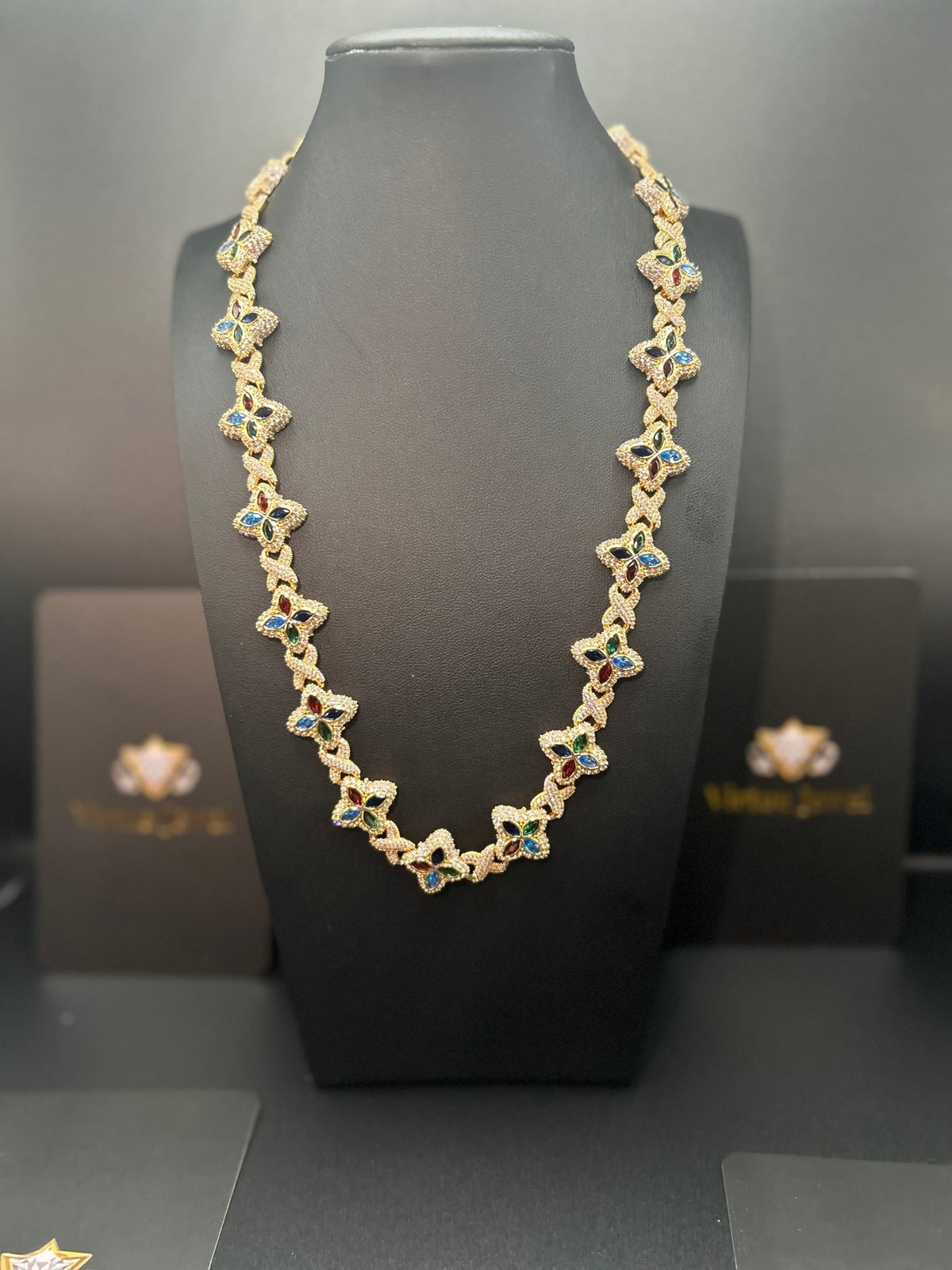 Iced Out Multicolor Clover Link Chain – Gold, Rose Gold & Silver - Virtue JewelGold22inch