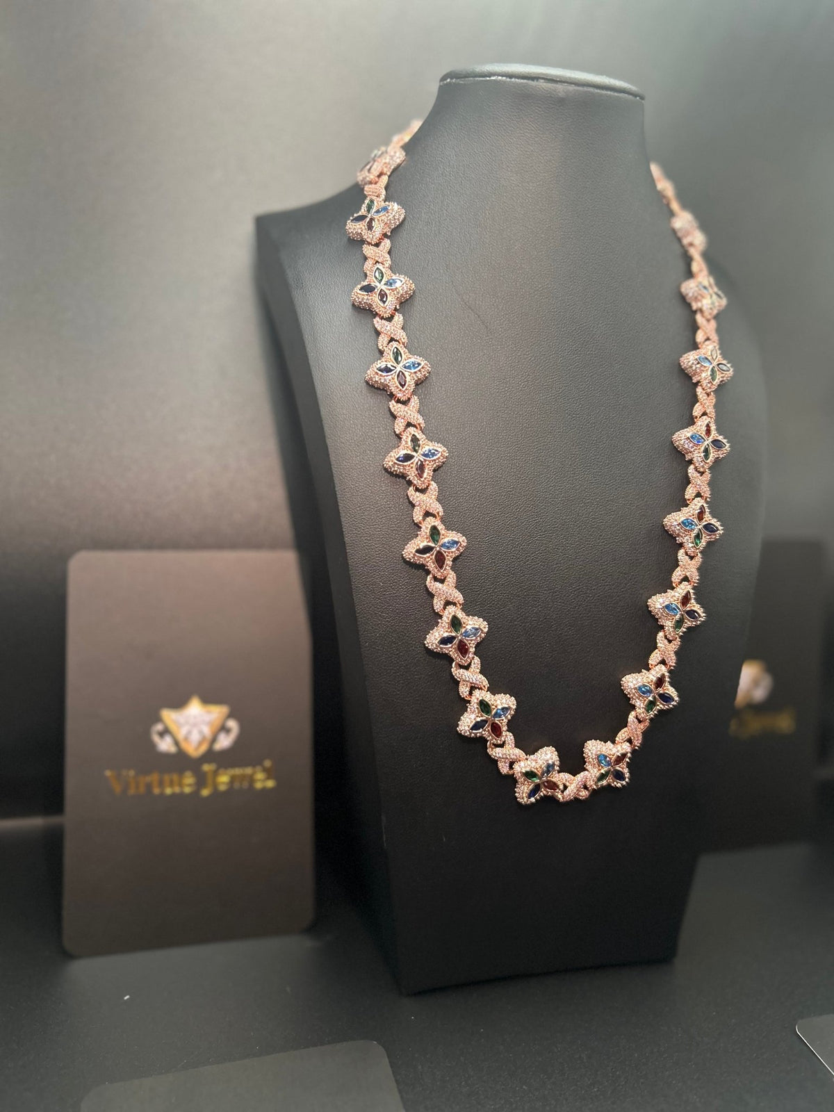 Iced Out Multicolor Clover Link Chain – Gold, Rose Gold & Silver - Virtue JewelGold22inch