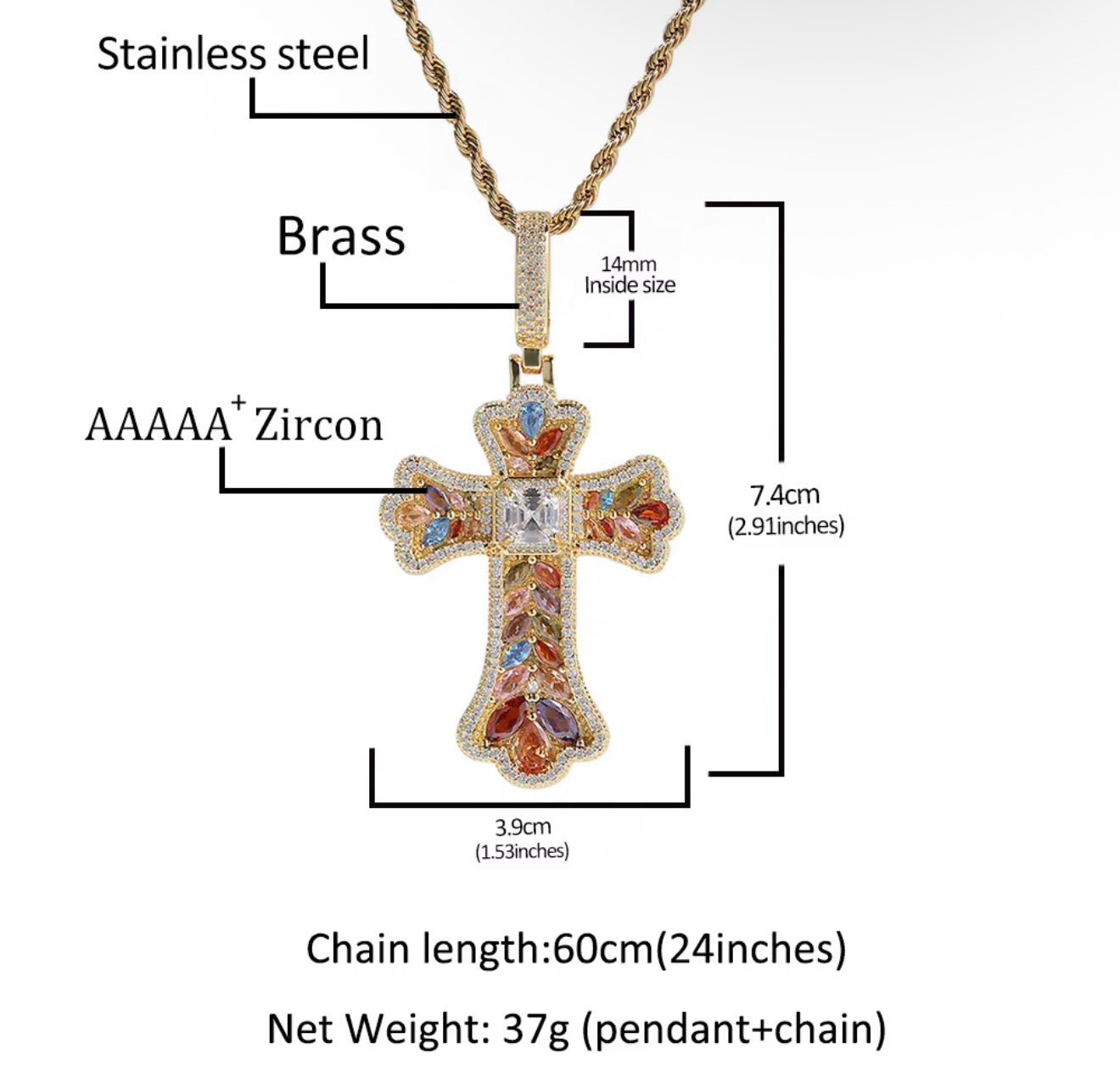 Iced Out Multicolor Gemstone Cross Pendant with Rope Chain - Virtue JewelGoldMulticolor Stones18 inchesPendant