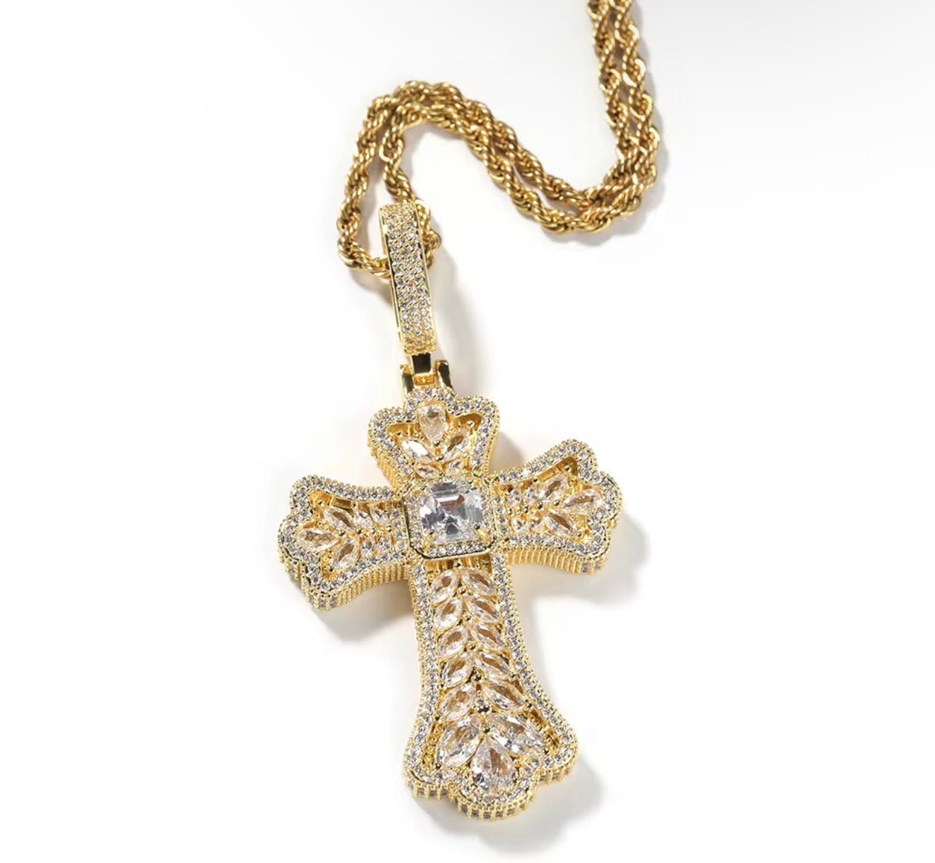 Iced Out Multicolor Gemstone Cross Pendant with Rope Chain - Virtue JewelGoldMulticolor Stones18 inchesPendant