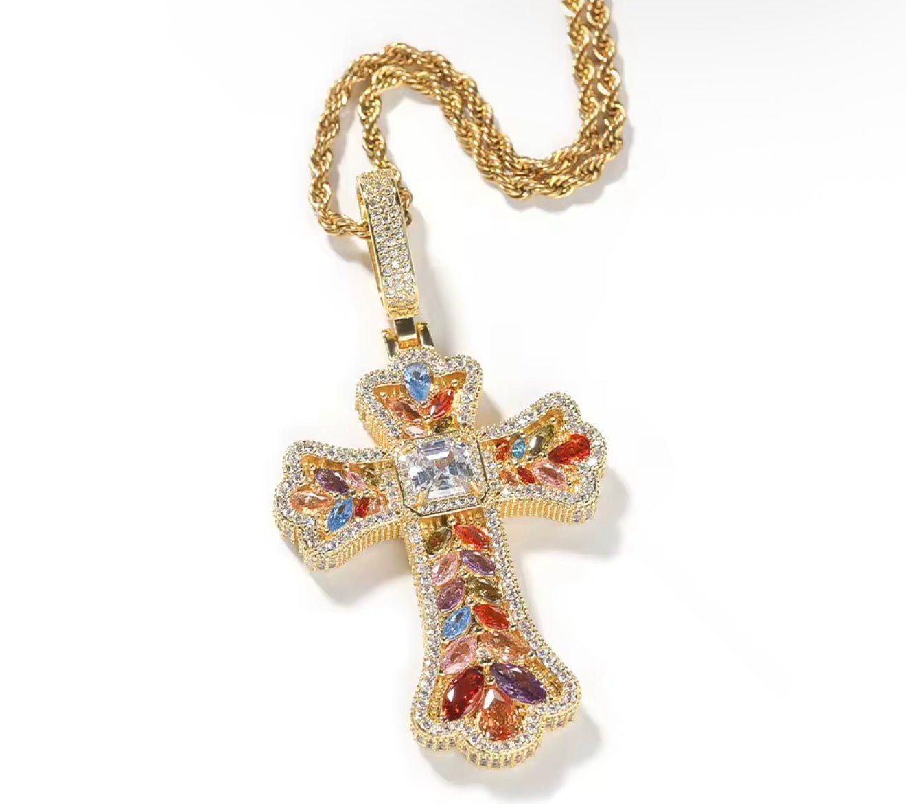 Iced Out Multicolor Gemstone Cross Pendant with Rope Chain - Virtue JewelGoldMulticolor Stones18 inchesPendant