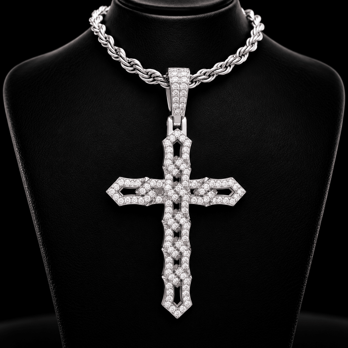 Iced Out Openwork Cross Pendant – Woven Knot Design, VVS Moissanite, Gold & White Gold - Virtue JewelSilver