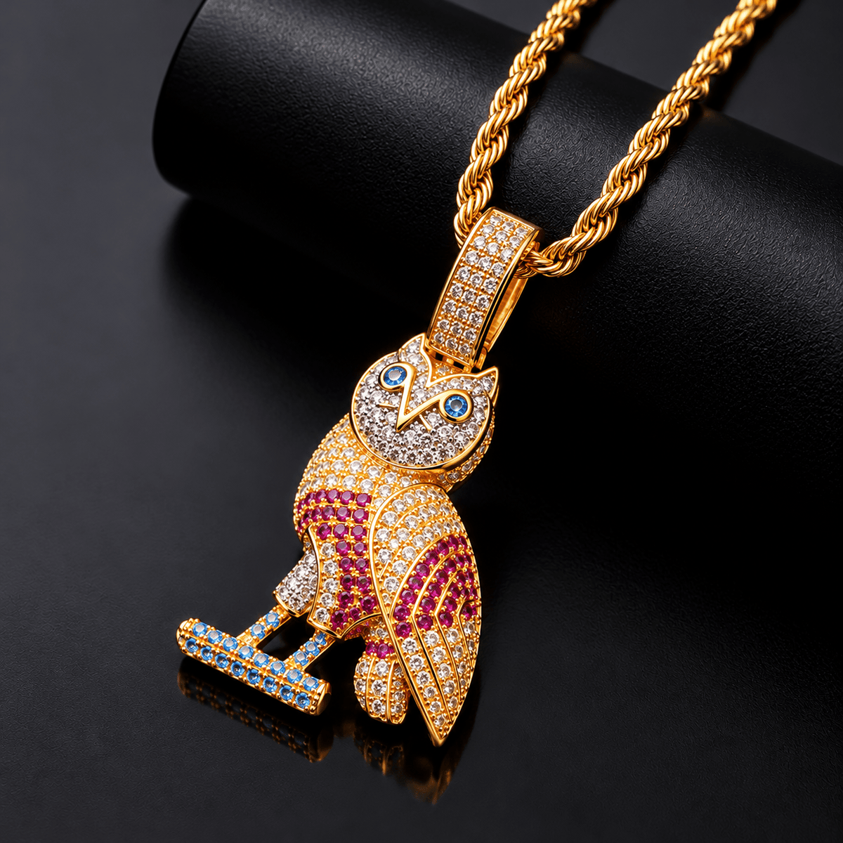 Iced-Out Owl Pendant Necklace – Gold-Tone Multicolor Stone Hip-Hop Jewelry - Virtue Jewel