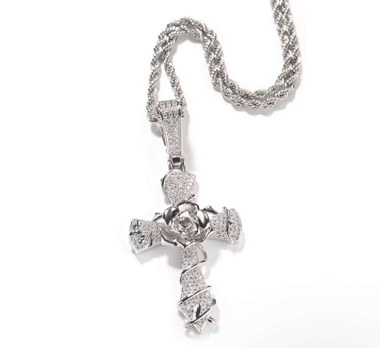 Iced Out Rose Cross Pendant with Rope Chain - Virtue JewelGold18 inchesPendant