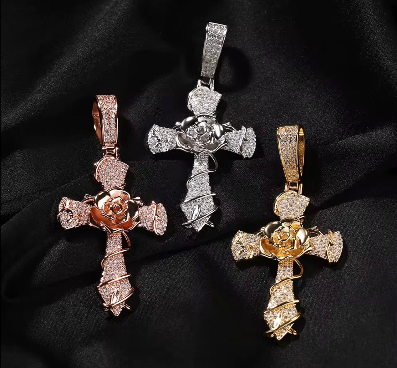 Iced Out Rose Cross Pendant with Rope Chain - Virtue JewelGold18 inchesPendant