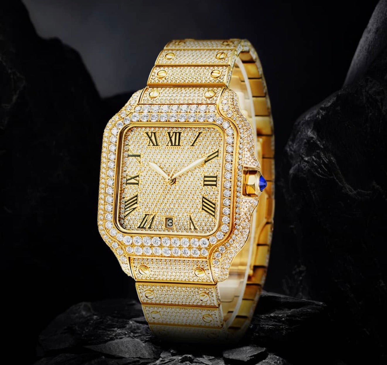 Iced Out Square Moissanite Watch (40mm) - Virtue JewelGoldRoman NumeralWatch