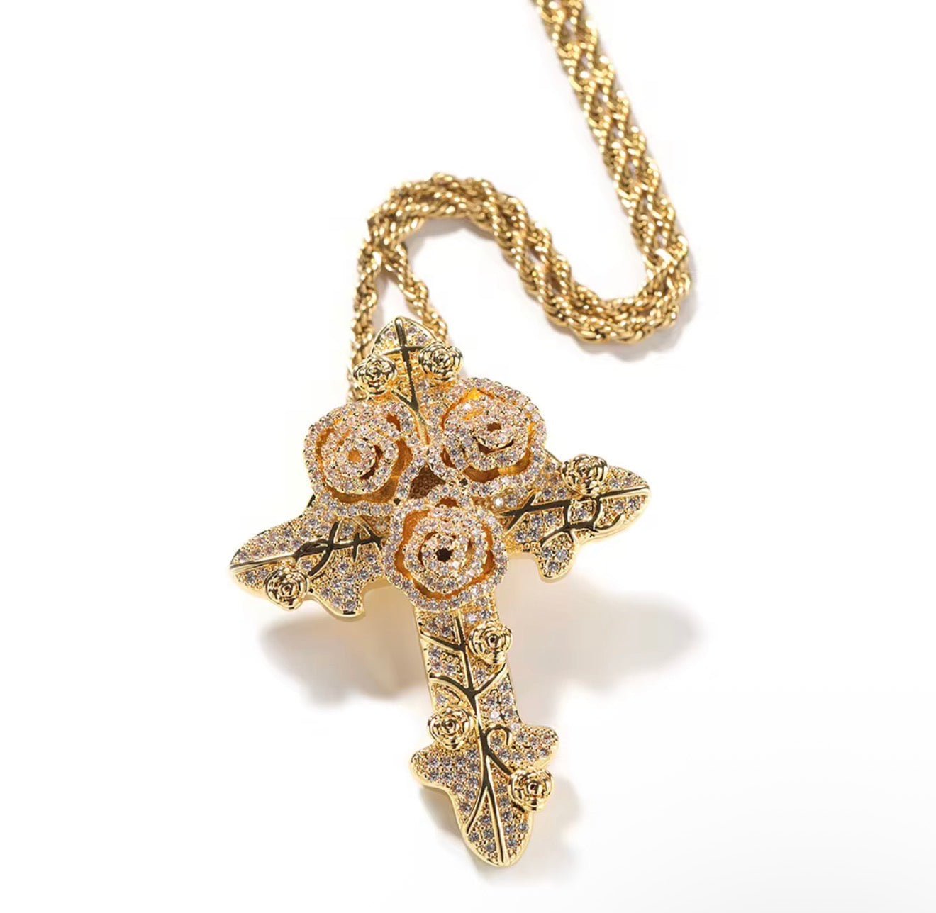 Iced Out Triple Rose Cross Pendant with Rope Chain - Virtue JewelGold18 inchesPendant