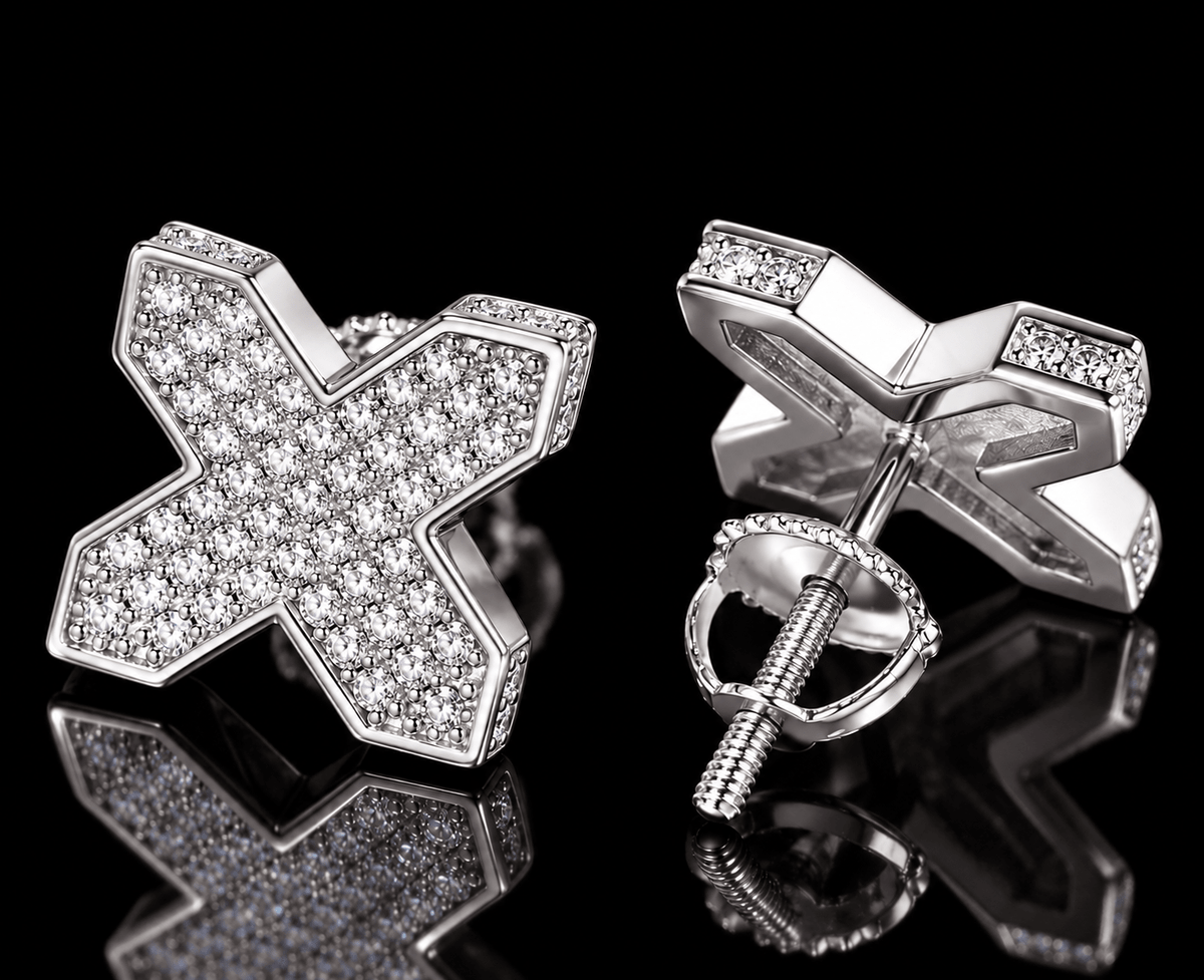Iced Out X Shape Stud Earrings – VVS Moissanite, Gold & Silver - Virtue JewelSilver