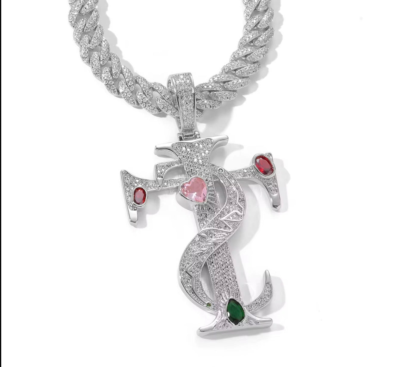 Iced TS Cross Gemstone Pendant Necklace - Virtue JewelGold3mm Twist Rope 24"Necklace