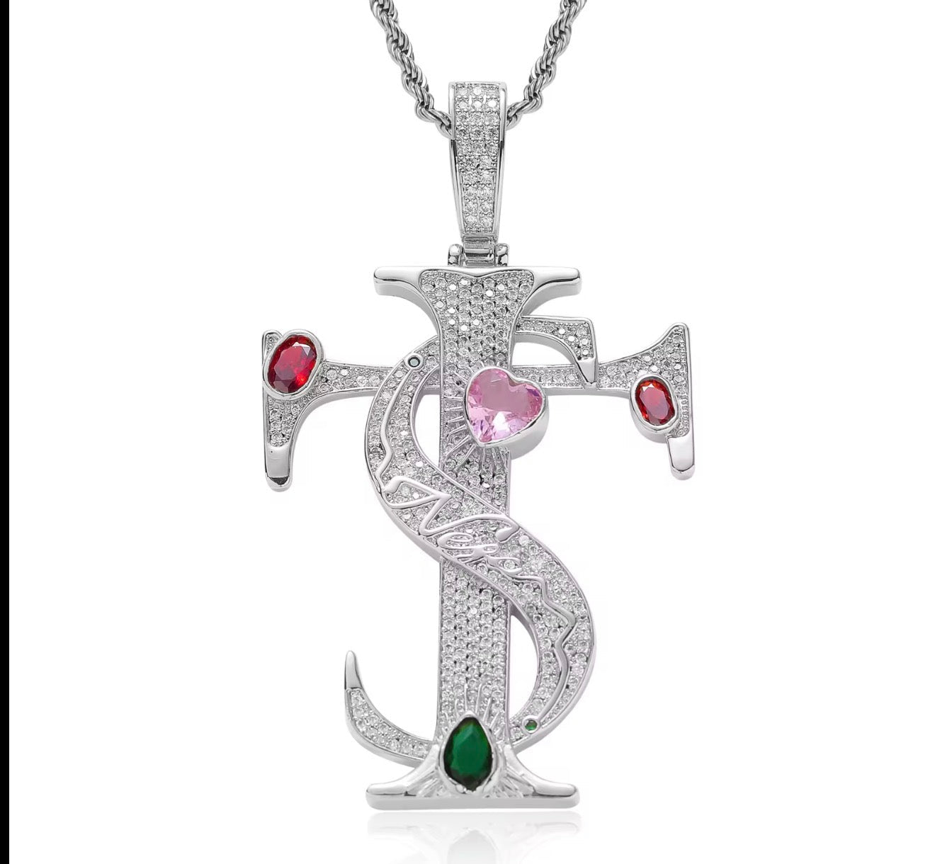 Iced TS Cross Gemstone Pendant Necklace - Virtue JewelGold3mm Twist Rope 24"Necklace