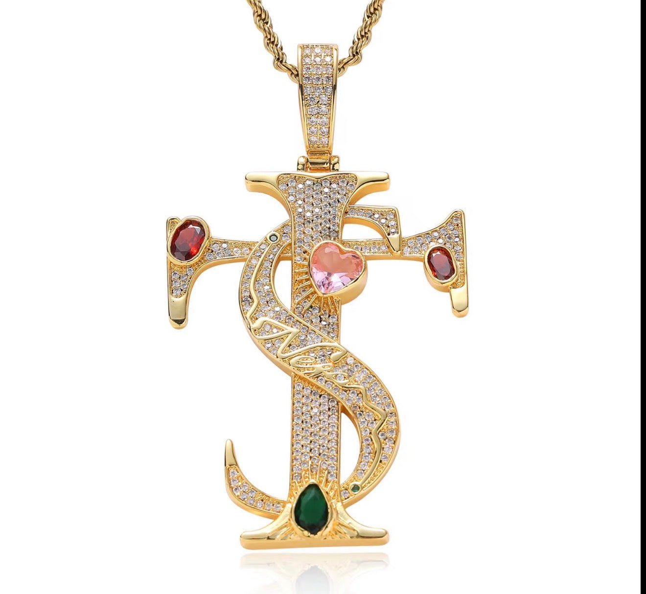 Iced TS Cross Gemstone Pendant Necklace - Virtue JewelGold3mm Twist Rope 24"Necklace