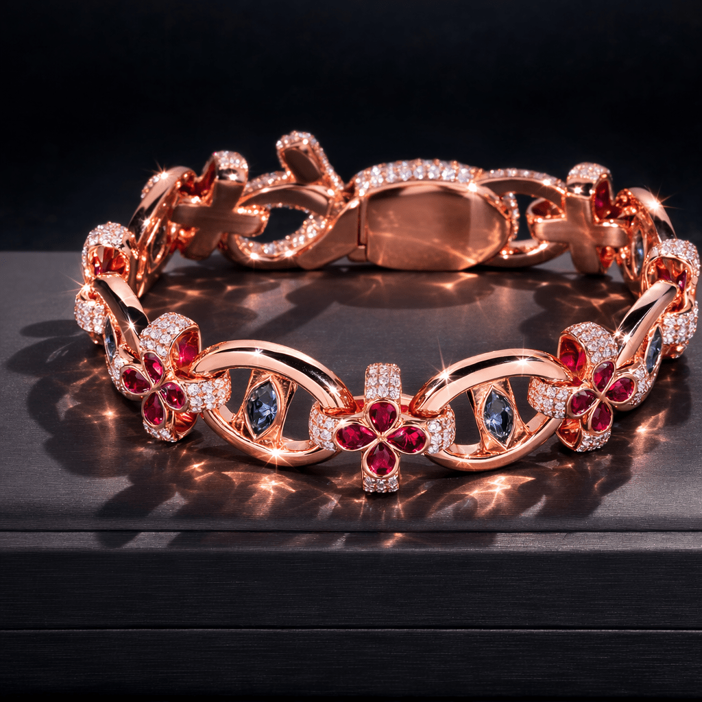 Infinity Link Colorful Moissanite Diamond Evil Eye Clover Bracelet - Virtue JewelRose gold7 inch