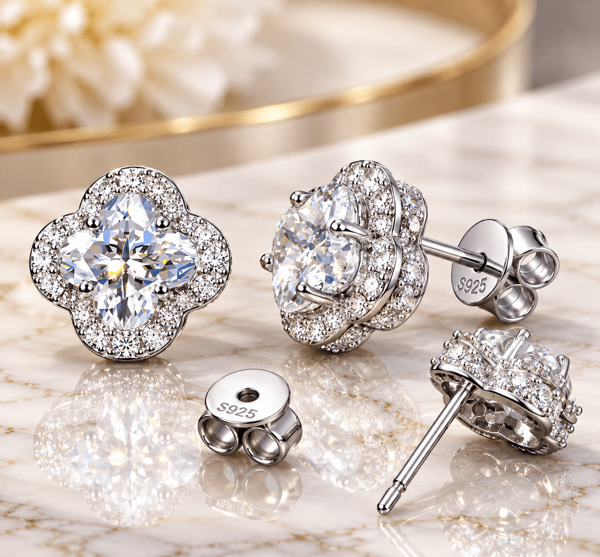 Luxury Halo Four Leaf Clover Stud Earrings – 925 Sterling Silver VVS Moissanite - Virtue JewelWhite Gold4mmEarrings
