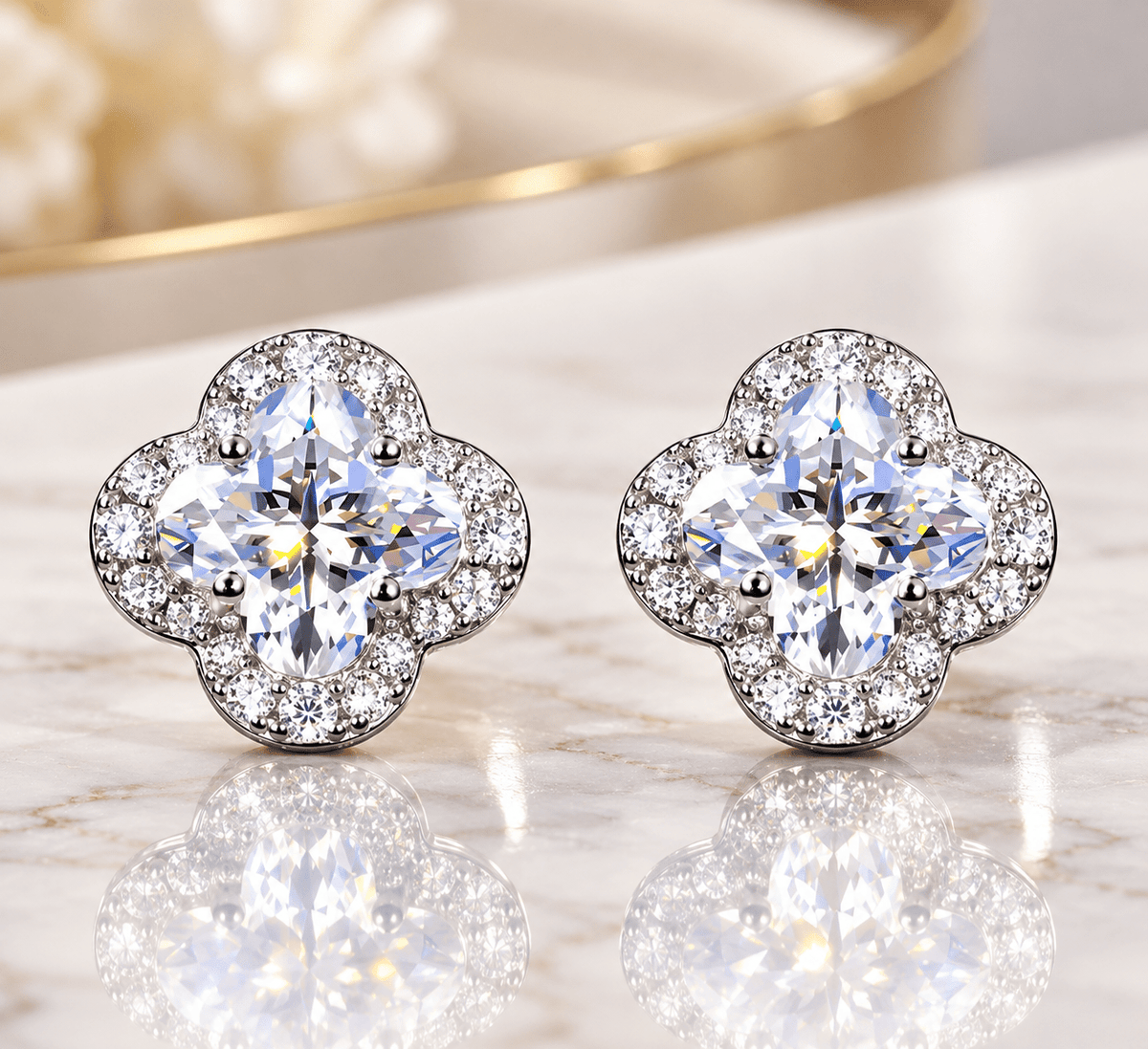 Luxury Halo Four Leaf Clover Stud Earrings – 925 Sterling Silver VVS Moissanite - Virtue JewelWhite Gold4mmEarrings