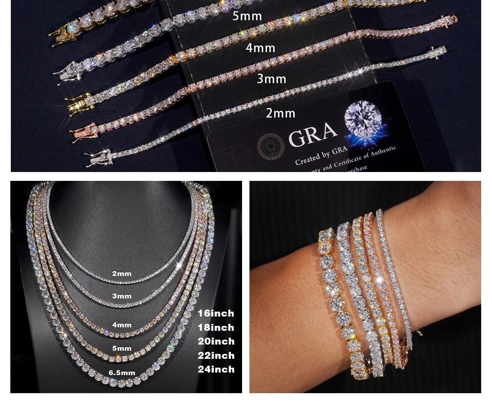 Luxury Men Women Hip Hop Iced Out Fine Jewelry 2MM 3MM 4MM 5MM Lab Diamond S925 Silver Vvs Moissanite Tennis Chain Necklace - Virtue Jewel2MM - Yellow Gold6inch