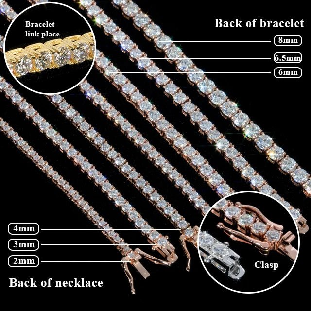 Luxury Men Women Hip Hop Iced Out Fine Jewelry 2MM 3MM 4MM 5MM Lab Diamond S925 Silver Vvs Moissanite Tennis Chain Necklace - Virtue Jewel2MM - Yellow Gold6inch