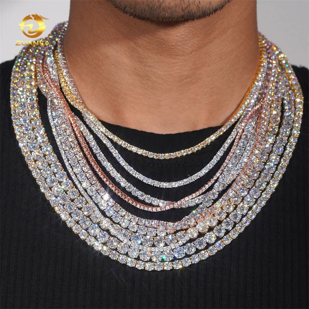 Luxury Men Women Hip Hop Iced Out Fine Jewelry 2MM 3MM 4MM 5MM Lab Diamond S925 Silver Vvs Moissanite Tennis Chain Necklace - Virtue Jewel2MM - Yellow Gold6inch