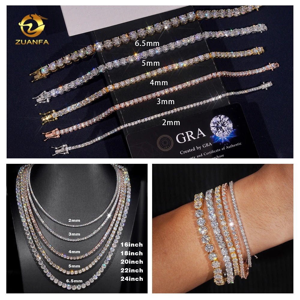 Luxury Men Women Hip Hop Iced Out Fine Jewelry 2MM 3MM 4MM 5MM Lab Diamond S925 Silver Vvs Moissanite Tennis Chain Necklace - Virtue Jewel2MM - Yellow Gold6inch