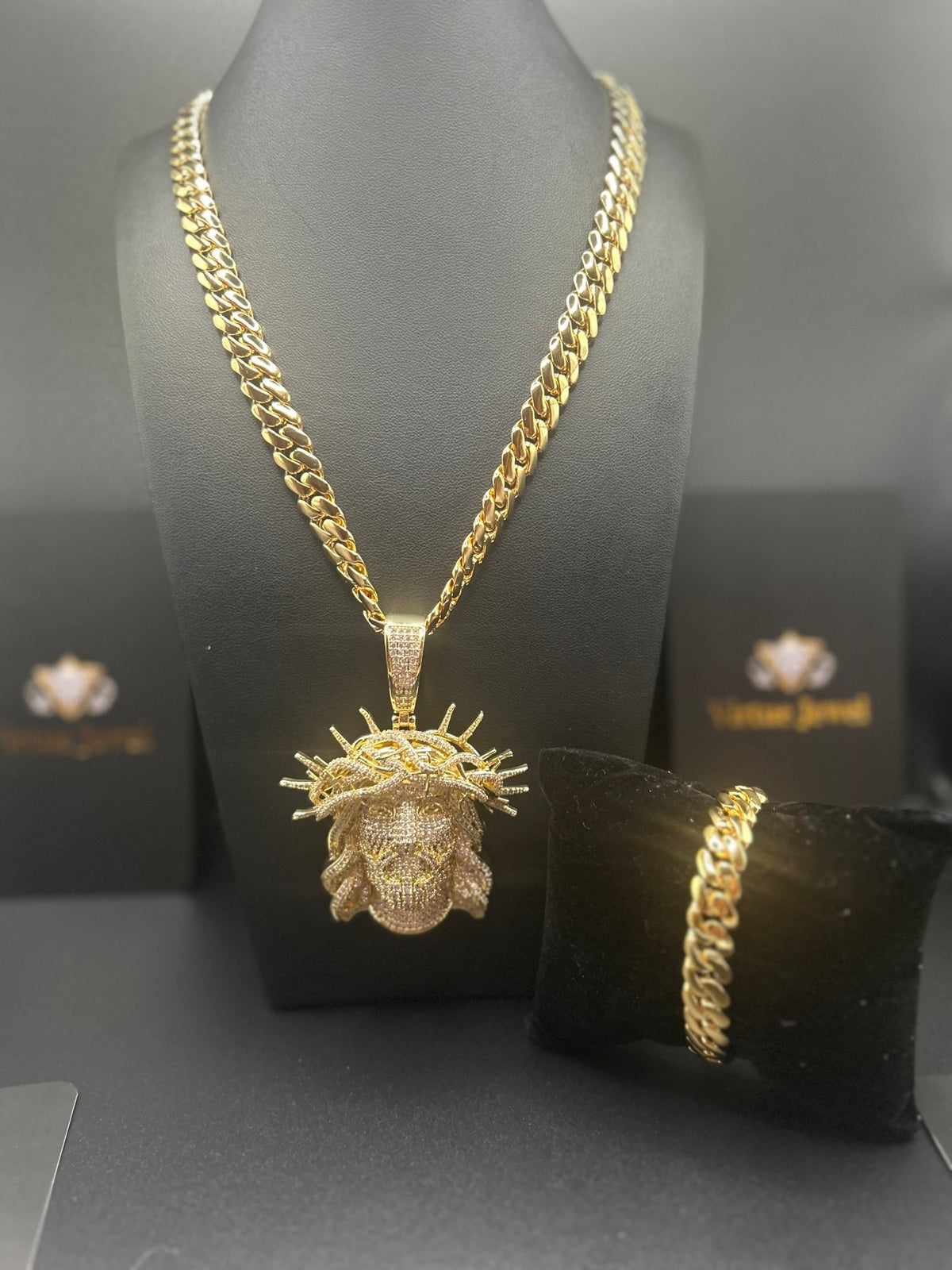 Miami Cuban Link Gold Chain & Iced Out Jesus Crown Pendant Bracelet Set - Virtue Jewel186Jewelry Sets