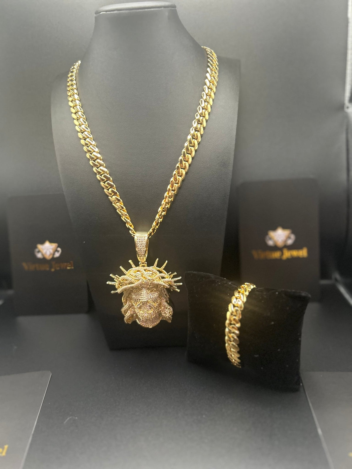 Miami Cuban Link Gold Chain & Iced Out Jesus Crown Pendant Bracelet Set - Virtue Jewel186Jewelry Sets