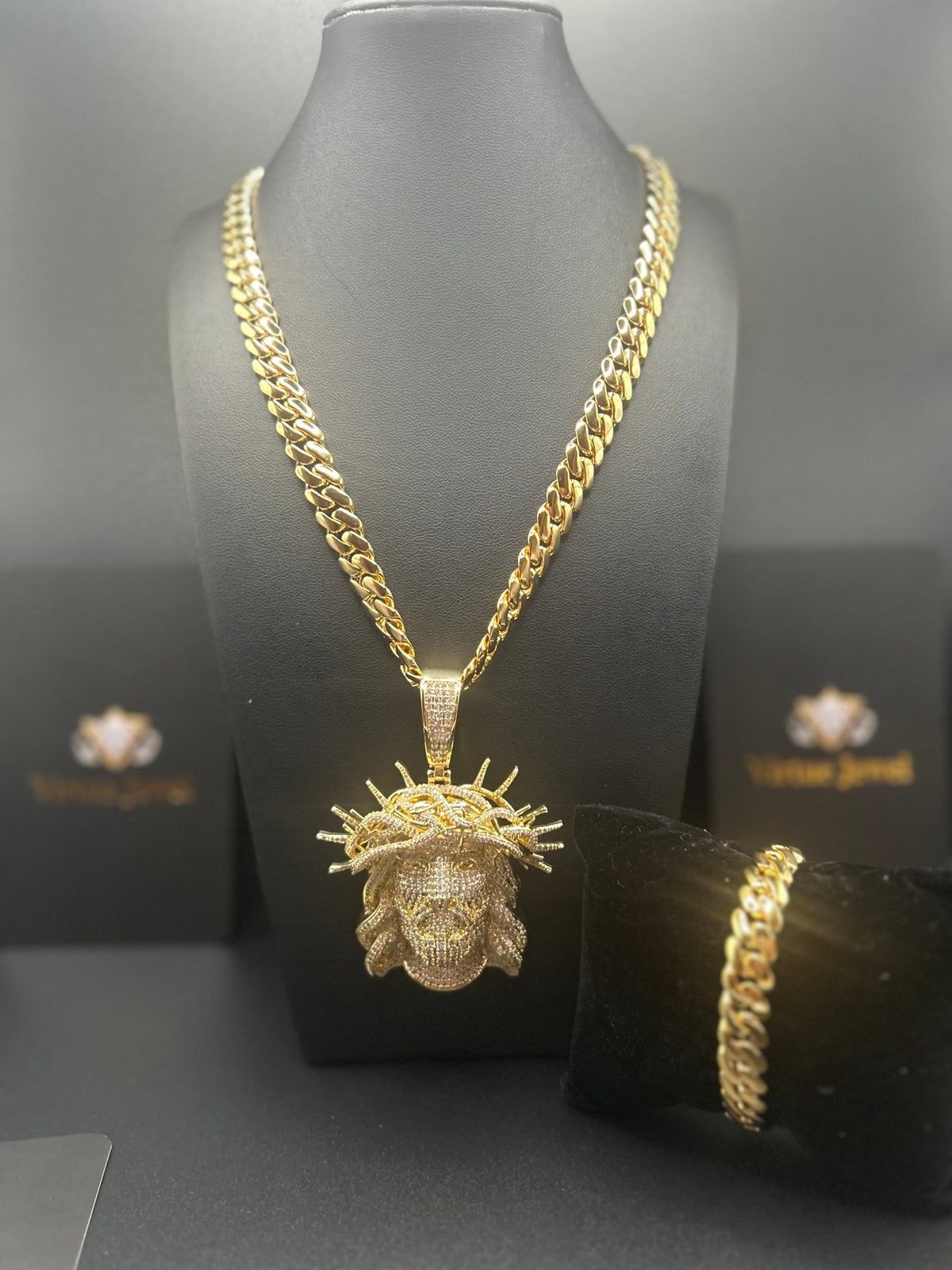 Miami Cuban Link Gold Chain & Iced Out Jesus Crown Pendant Bracelet Set - Virtue Jewel186Jewelry Sets