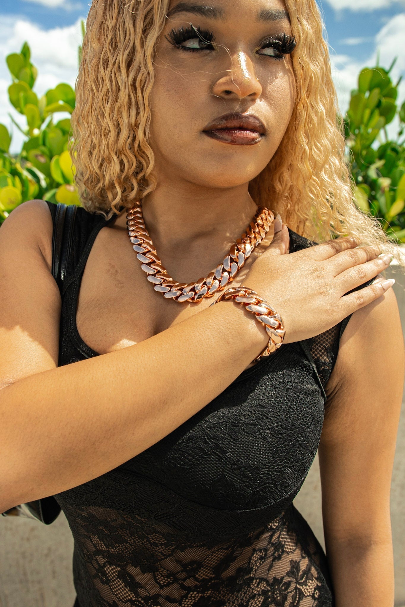 Miami Cuban Rose Gold Plated Chain & Bracelet Set - Jewels7inch Diamond LockDiamond Lock 24inch20 mmJewelry Set
