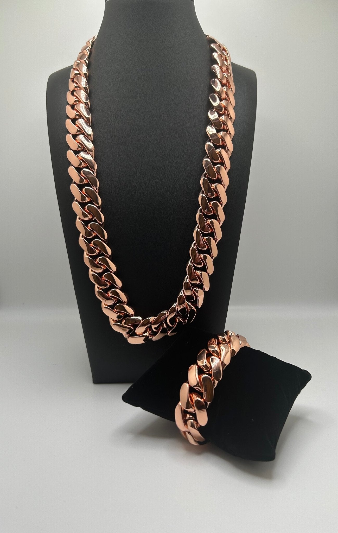 Miami Cuban Rose Gold Plated Chain & Bracelet Set - Virtue Jewel7inch Diamond LockDiamond Lock 24inch20 mmJewelry Set