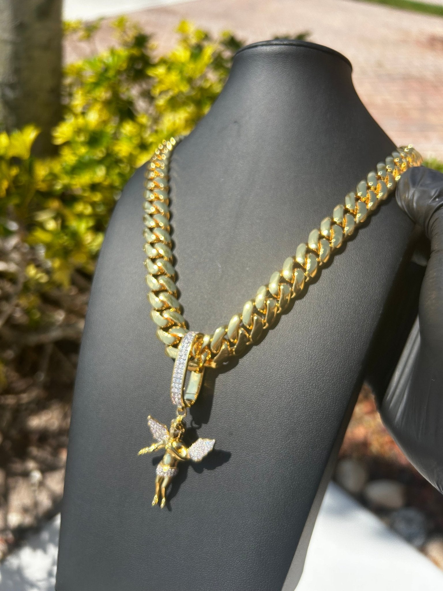 Miami Gold Cuban Chain & Baby Angel Pendant Set - Virtue Jewel14mm (Slim)16inch