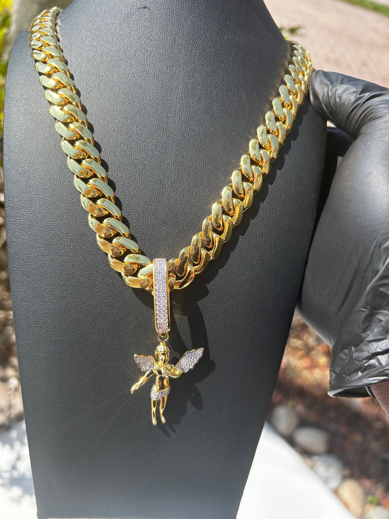 Miami Gold Cuban Chain & Baby Angel Pendant Set - Virtue Jewel14mm (Slim)16inch