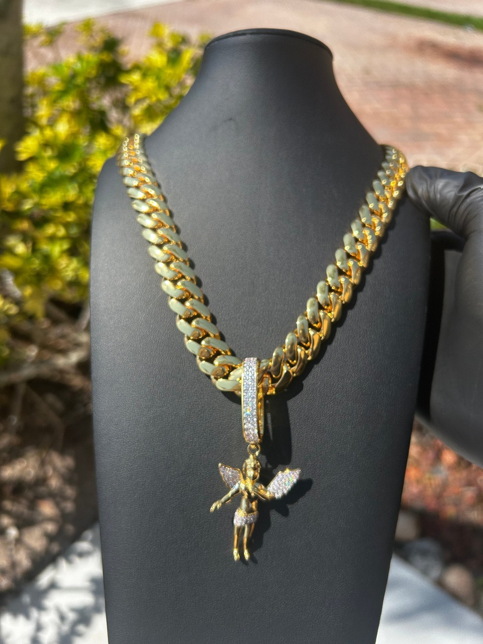 Miami Gold Cuban Chain & Baby Angel Pendant Set - Virtue Jewel14mm (Slim)16inch