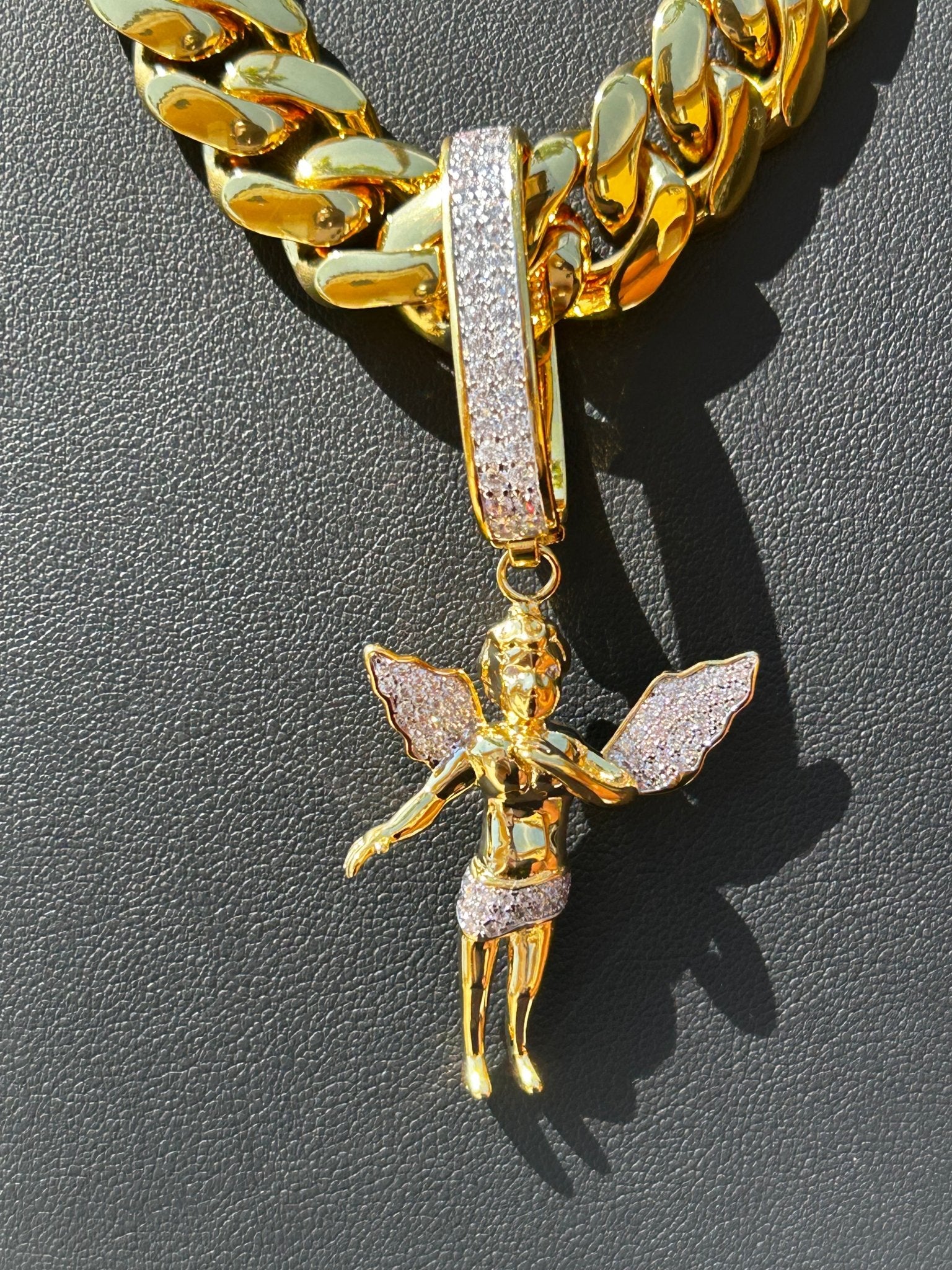 Miami Gold Cuban Chain & Baby Angel Pendant Set - Virtue Jewel14mm (Slim)16inch