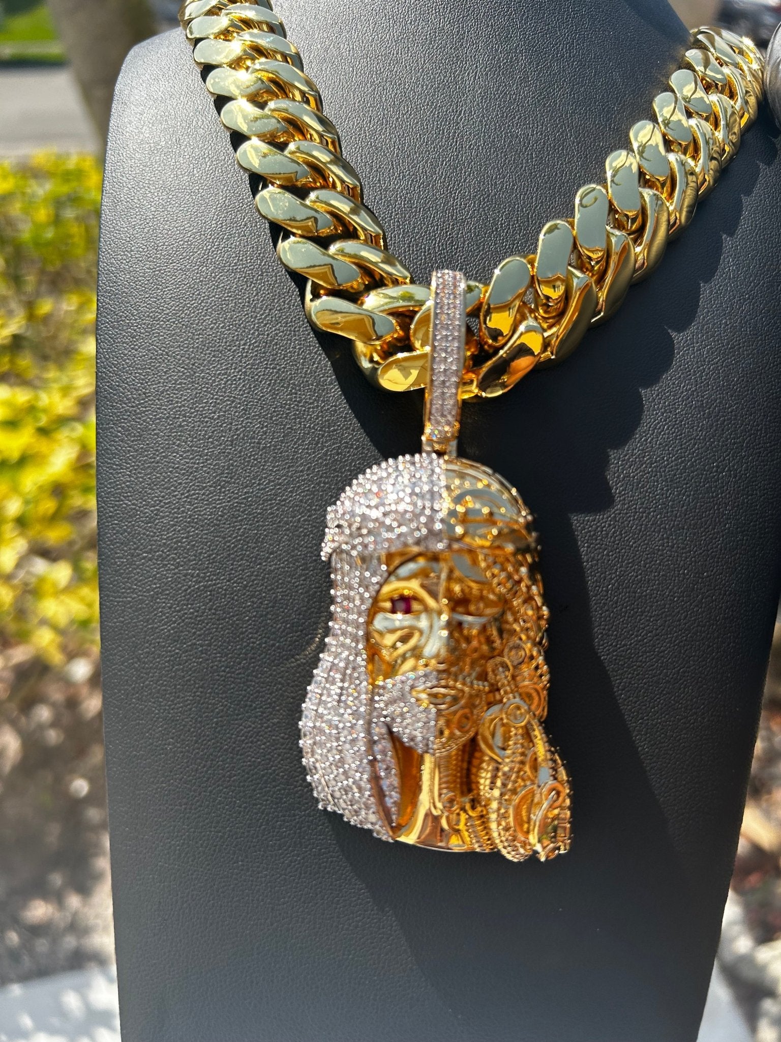 Miami Gold Cuban Chain & Half Iced Jesus Pendant Set - Virtue Jewel14mm (Slim)16inch