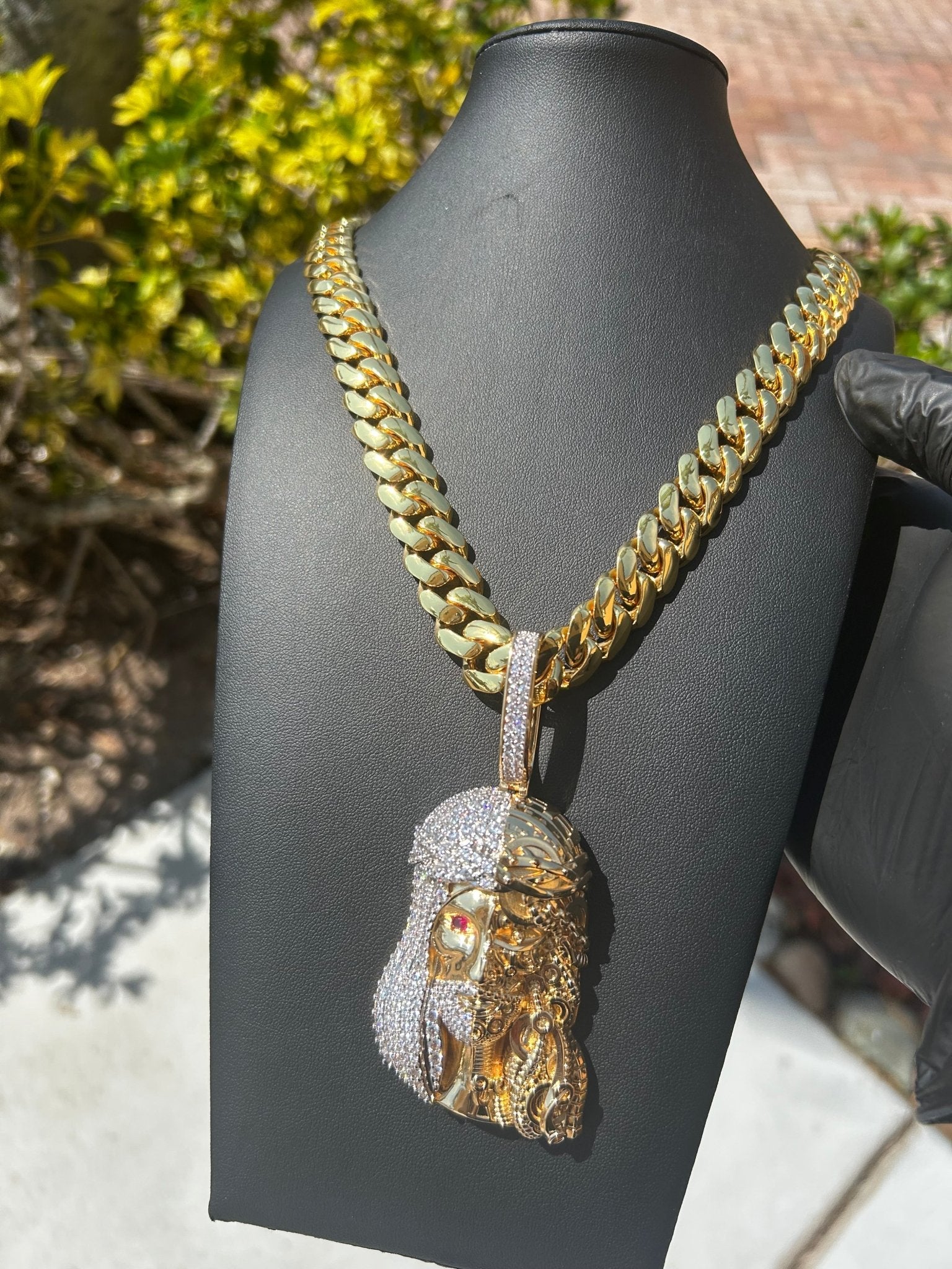 Miami Gold Cuban Chain & Half Iced Jesus Pendant Set - Virtue Jewel14mm (Slim)16inch