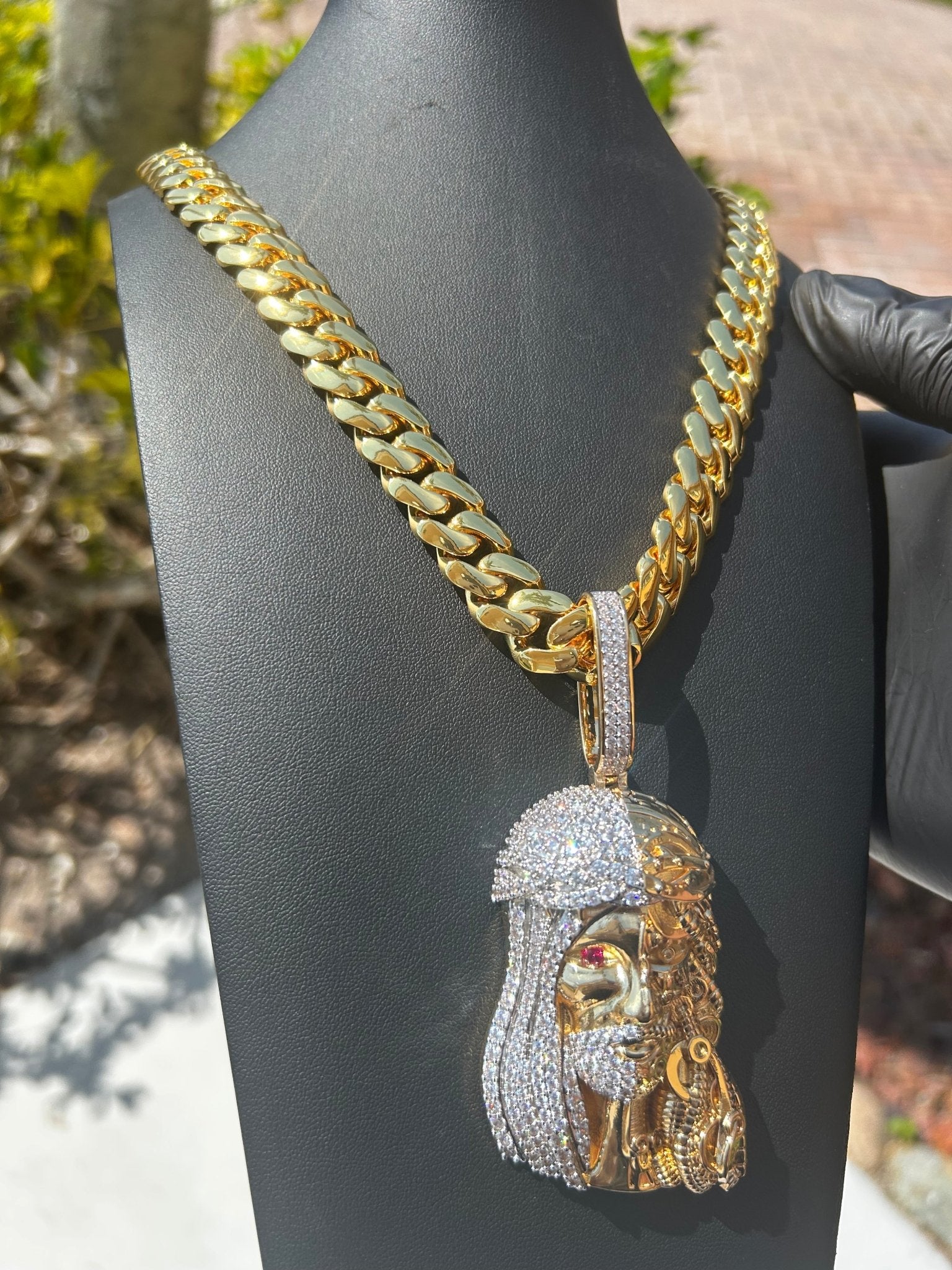 Miami Gold Cuban Chain & Half Iced Jesus Pendant Set - Virtue Jewel14mm (Slim)16inch