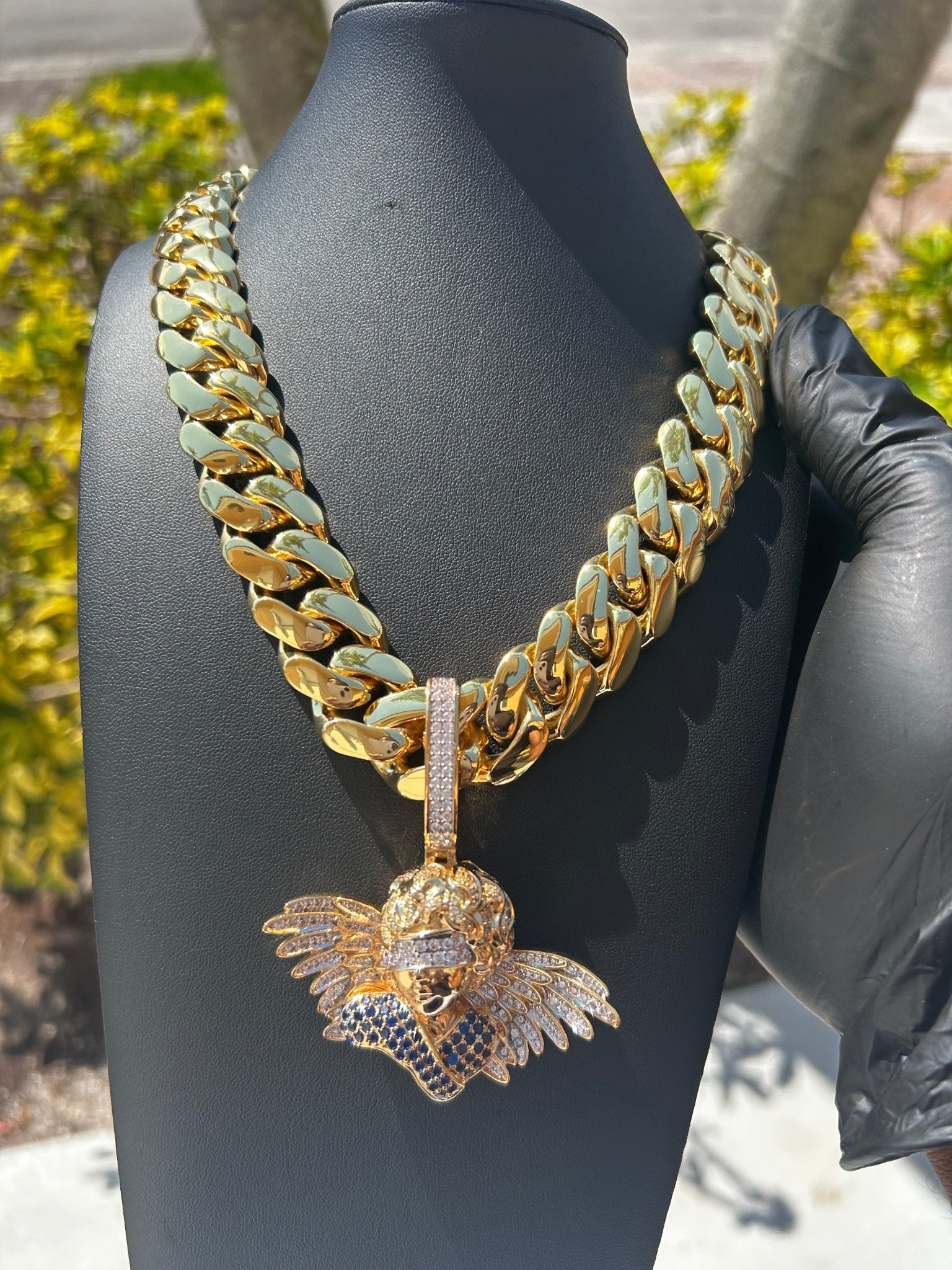 Miami Gold Cuban Chain & Icy Angel Pendant Set - Virtue Jewel14mm (Slim)16inch