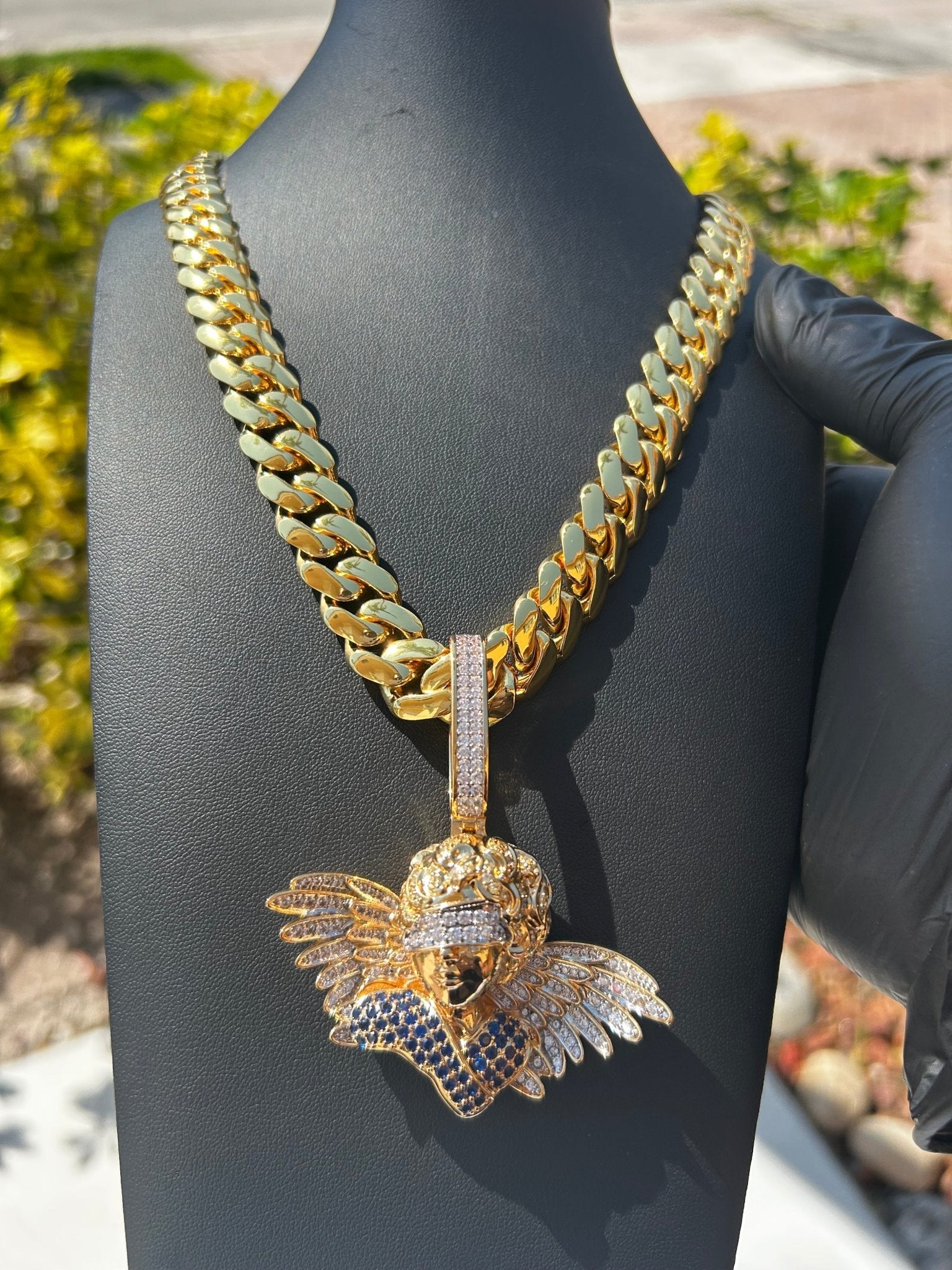 Miami Gold Cuban Chain & Icy Angel Pendant Set - Virtue Jewel14mm (Slim)16inch