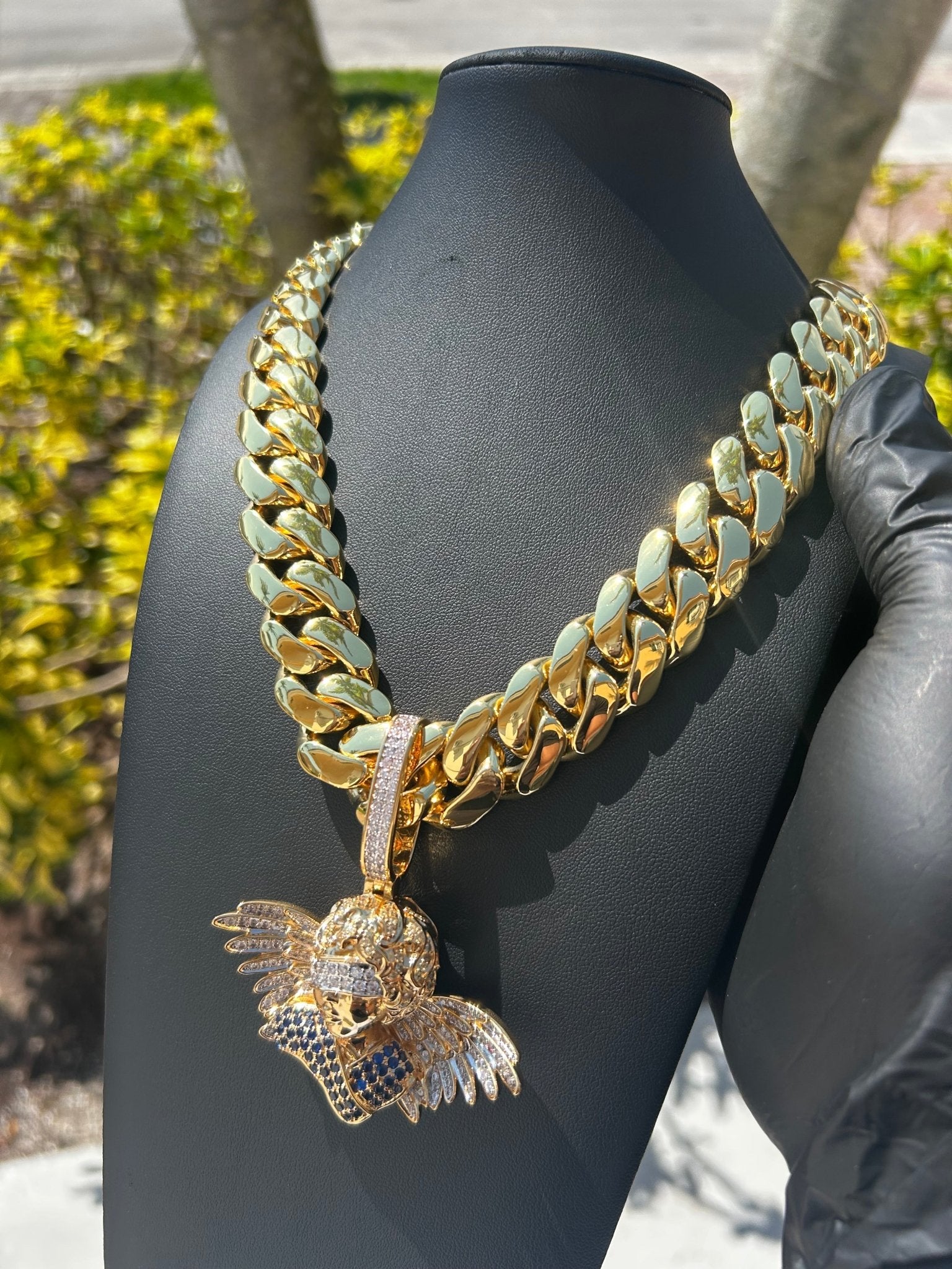 Miami Gold Cuban Chain & Icy Angel Pendant Set - Virtue Jewel14mm (Slim)16inch