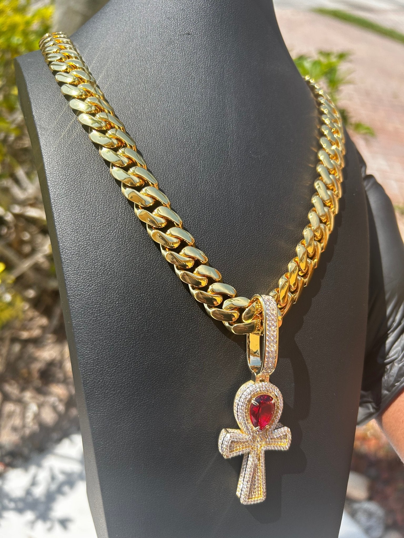 Miami Gold Cuban Chain & Red Ruby Ankh Pendant Set - Virtue Jewel14mm (Slim)16inch